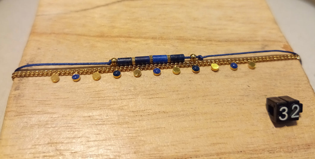 Bracelet double rang réglable chaîne doré en acier inoxydable et lien coton bleu,pampilles