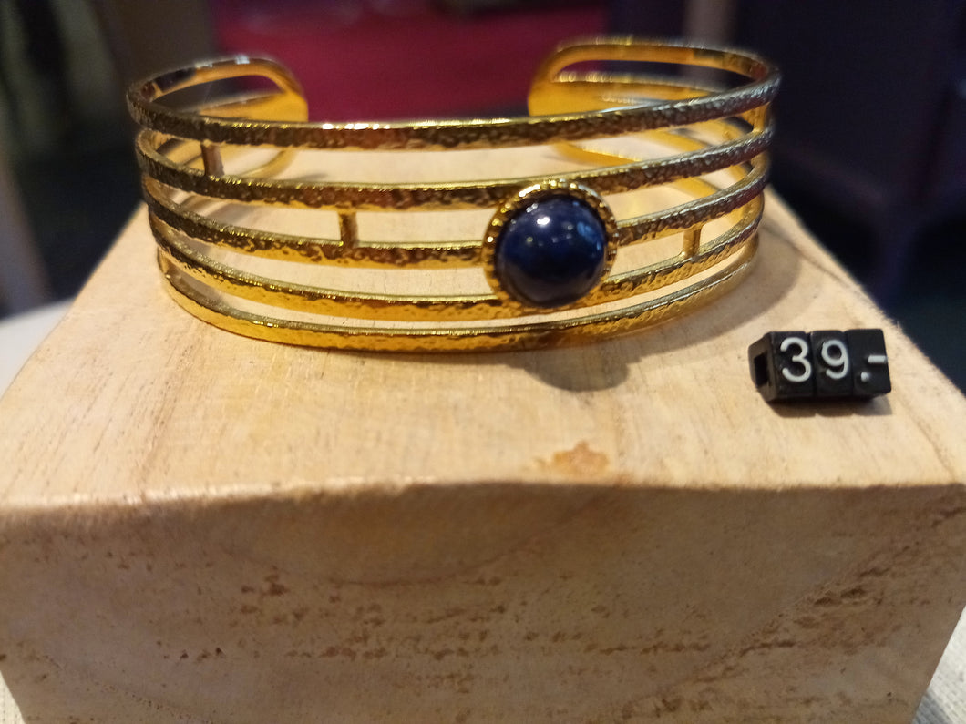 Bracelet manchette réglable en acier inoxydable doré martelé et pierre en lapis lazuli